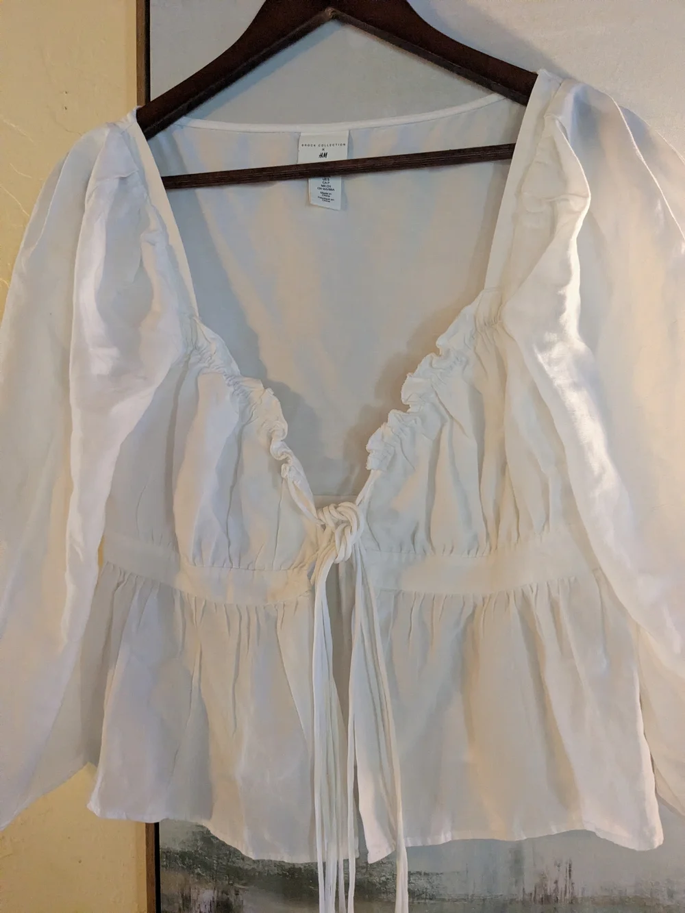 H&M Size Small Linen Blend Women's White Tie-Front Peasant Blouse NWOT
